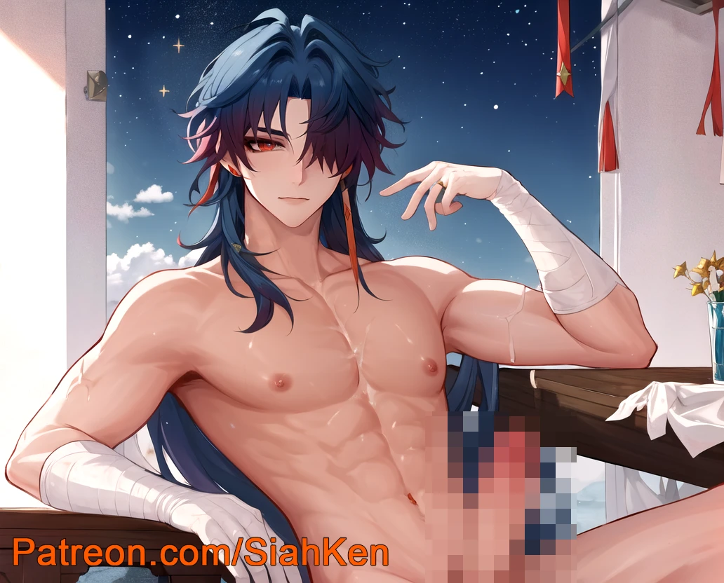 siahken, honkai (series), honkai: star rail, blade (honkai: star rail), 1boy, abs, erection, long hair, male, male focus, male only, muscles, naked, pose, retracted foreskin, scars, sitting, solo focus, ai generated