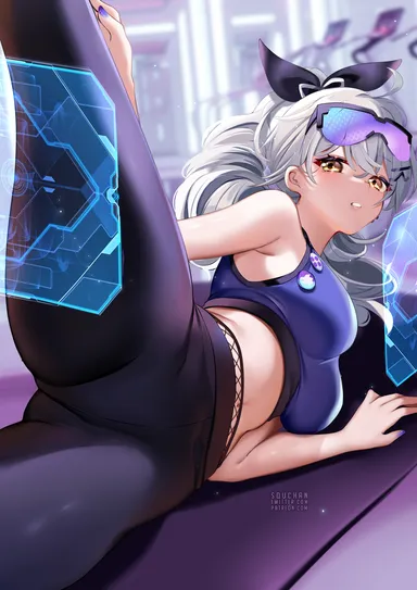 squchan, honkai: star rail, silver wolf (honkai: star rail), ass, bangs, bare shoulders, blurry, blush, breasts, cowboy shot, eyebrows visible through hair, eyewear on head, female, grey hair, hair between eyes, hair ornament, hair ribbon, large breasts, light particles, long hair, looking at viewer, midriff, multicolored hair, nail polish, open mouth, pants, ponytail, ribbon, sidelocks, silver hair, solo, sports bra, streaked hair, sunglasses, thighs, very long hair, yellow eyes, blurry background