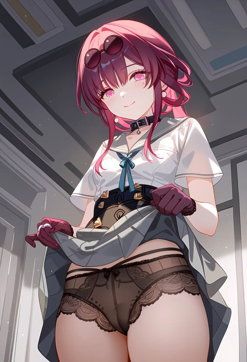 límíng zhī xià, honkai: star rail, hoyoverse, pixiv, kafka (honkai: star rail), aged down, ass, blush, cameltoe, choker, gloves, glowing eyes, long hair, long sleeves, looking at viewer, panties, pants, purple eyes, purple hair, school uniform, schoolgirl, schoolgirl uniform, see-through, see-through clothing, see-through panties, skirt, skirt lift, skirt up, slim waist, small breasts, smiling at viewer, teenager, thighs, tied hair, viewed from below, ai generated, portrait