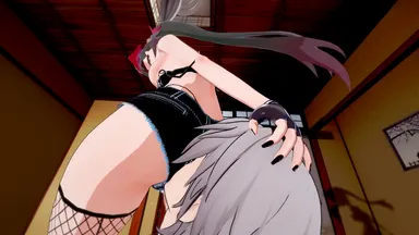 kksallyear, honkai: star rail, caelus (honkai: star rail), sparkle (honkai: star rail), 1boy, 1girls, black fingerless gloves, black fingernails, black fishnet stockings, black hair, black hotpants, black thong, black toenails, black topwear, breasts, choker, cum on floor, cum on leg, cumming from footjob, ejaculation, face in ass, facesitting, feet, female, femdom, fingerless gloves, fishnet stockings, fishnets, foot focus, footjob, footjob with legwear, footjob with one foot, golden penis, hand on head, high leg thong, hotpants, kitsune mask, light-skinned female, light-skinned male, long hair, looking at partner, looking at penis, looking pleasured, loose top, male, naked male, nipples, no, open mouth, open smile, penis, penis massage, penis milking, purple eyes, shoes, small breasts, small top, standing footjob, standing on penis, tattoo, twintails, unzipped pants, wardrobe malfunction, 3d, animated, koikatsu, looping animation, no sound, tagme, video