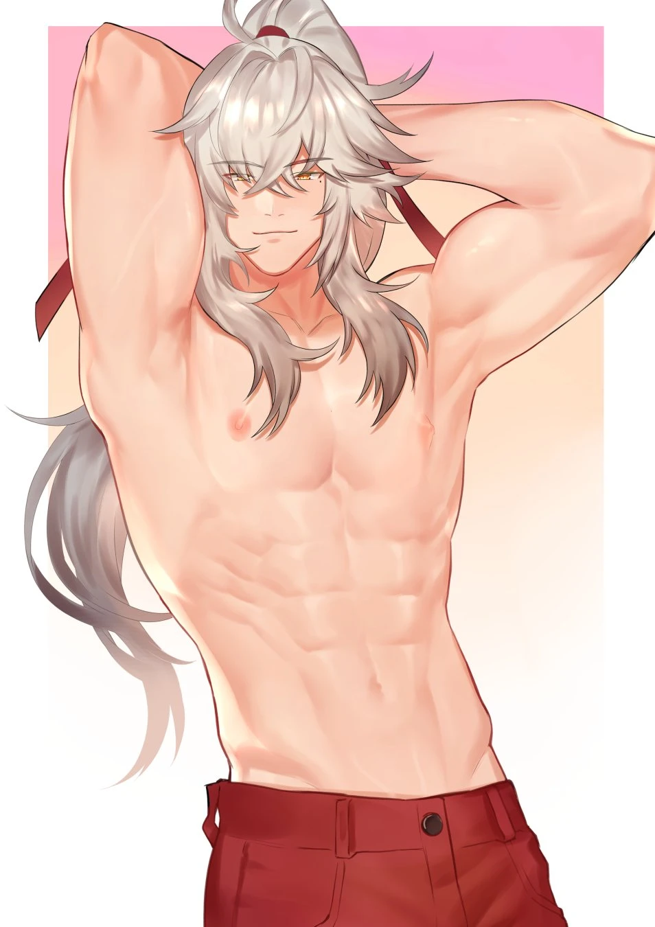 zhineart, honkai (series), honkai: star rail, jing yuan, 1boy, abs, arms behind head, arms up, closed mouth, grey hair, high ponytail, long hair, male focus, mole, mole under eye, muscular, muscular male, navel, nipples, pants, red pants, solo, stomach, topless male, white hair, yellow eyes, highres