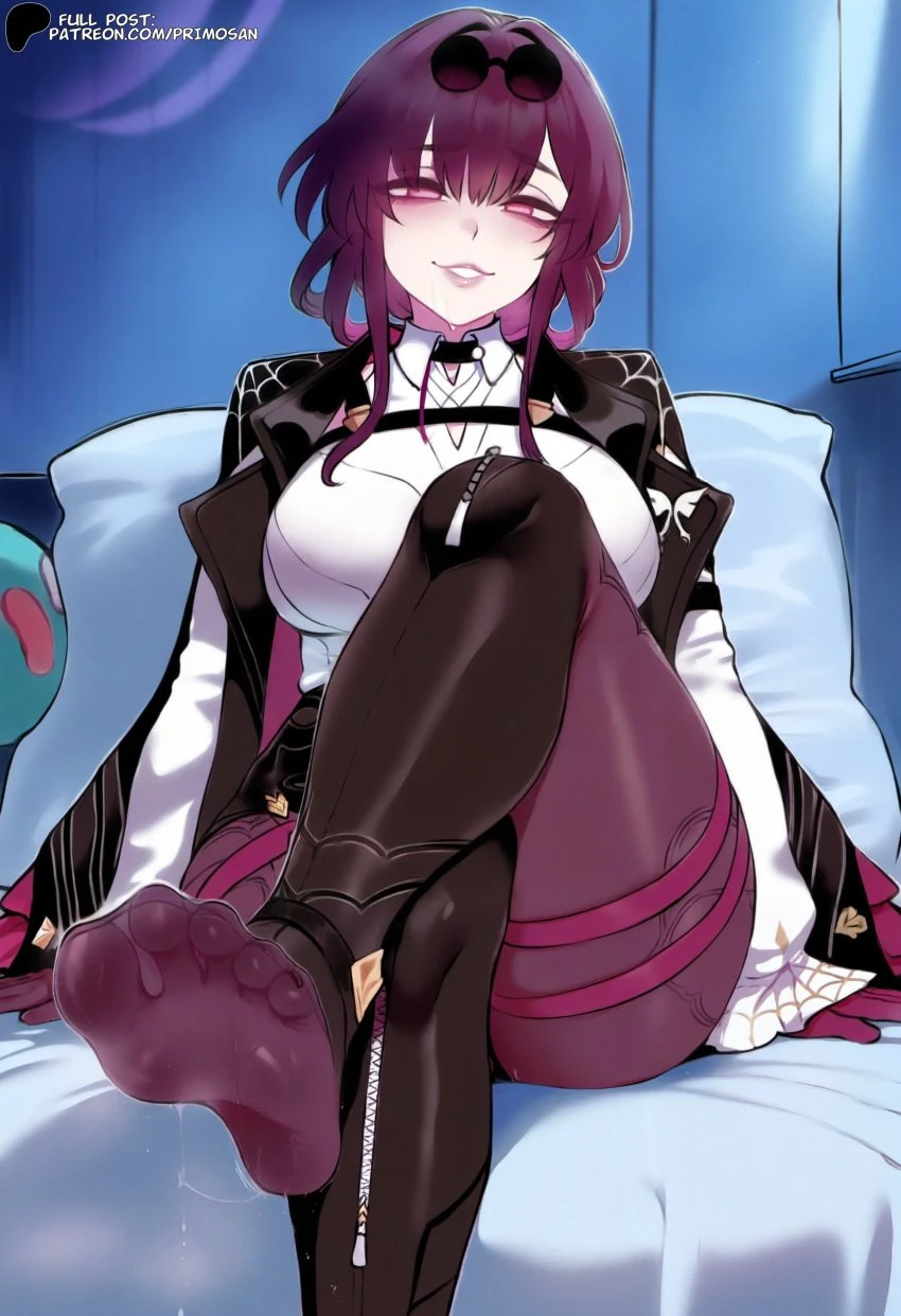 primosan, honkai: star rail, kafka (honkai: star rail), eyewear on head, feet, feet focus, fingers, foot fetish, gloves, jacket, large breasts, looking at viewer, mature female, pantyhose, purple eyes, purple hair, purple pantyhose, short hair, shorts, white shirt, ai generated, highres