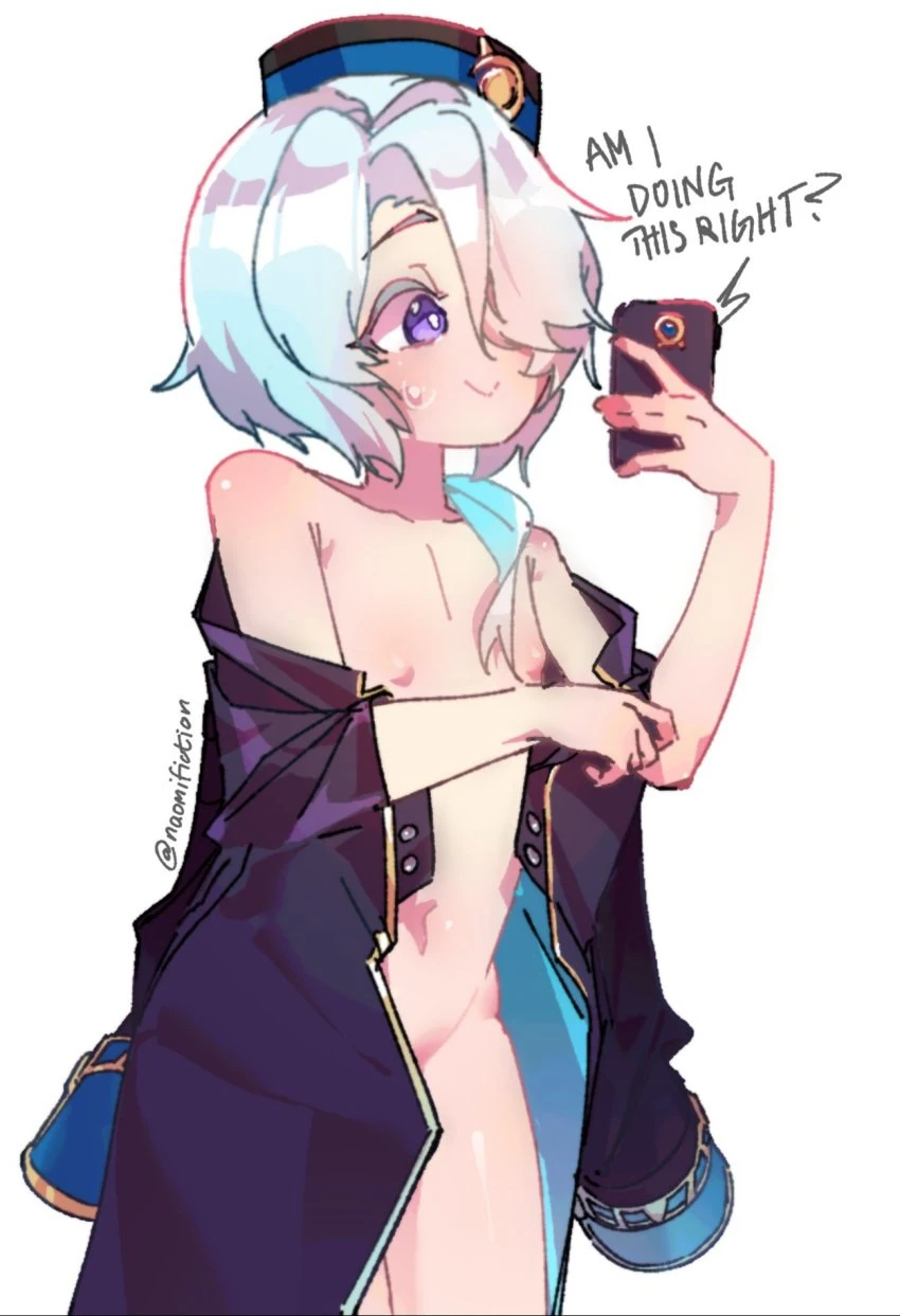 naomifiction, honkai: star rail, misha (honkai: star rail), blush, femboy, male, male only, partially clothed, petite, phone, selfie, skinny, thighs