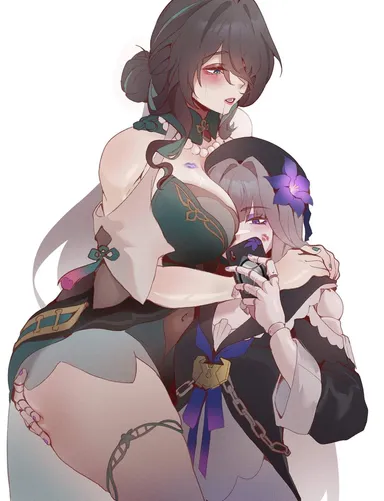 honkai: star rail, hoyoverse, herta (honkai: star rail), ruan mei (honkai: star rail), 2girls, big ass, big breasts, drool string, drooling, lipstick, lipstick mark, small breasts, small dom big sub, voluptuous, yuri