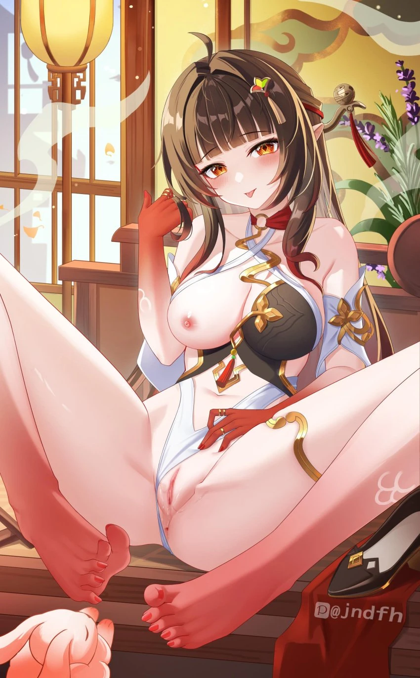 jndfh, honkai (series), honkai: star rail, lingsha (honkai: star rail), ahoge, anus, architecture, bare legs, bare shoulders, barefoot, black footwear, blush, breasts, brown dress, chinese clothes, closed mouth, clothing cutout, collarbone, colored extremities, criss-cross halter, diamond (shape), diamond-shaped pupils, dress, east asian architecture, feet, female, hair ornament, halterneck, hand up, high heels, indoors, large breasts, legs, long hair, looking at viewer, navel, nipples, one breast out, orange eyes, pointy ears, pussy, red hands, sidelocks, solo, spread legs, stomach, stomach cutout, symbol-shaped pupils, toes, tongue, tongue out, unworn footwear, very long hair, absurdres, artist name, censored, commentary request, highres, mosaic censoring, paid reward available, partial commentary