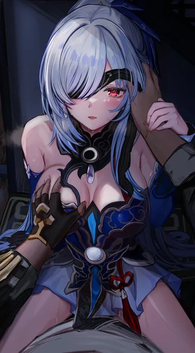 artist request, honkai: star rail, jingliu (honkai: star rail), 1boy1girl, 1girls, blood, blush, breasts, cleavage, cowgirl position, grope, horny female, large breasts, pov, red eyes, saliva, sexy, smile, sweat, white hair, video games