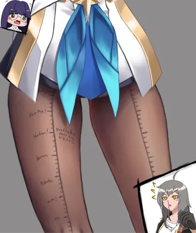 milarkavelik, honkai (series), honkai: star rail, pela (honkai: star rail), stelle (honkai: star rail), 1girls, blue eyes, blue hair, body writing, female, glasses, long hair, measuring, measuring penetration depth, nosebleed, pantyhose, penetration depth mark, thigh gap, thighs