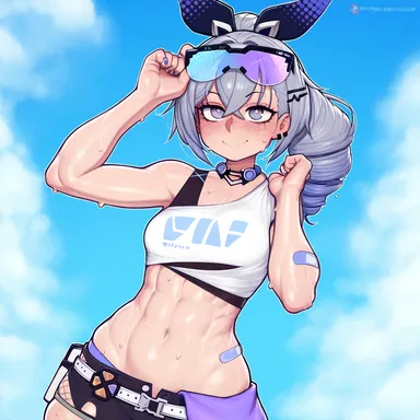 honkai: star rail, hoyoverse, silver wolf (honkai: star rail), 1girls, abs, crop top, drill ponytail, female, hairbow, hips, long hair, looking at viewer, looking back, midriff, ponytail, shades, short shorts, silver eyes, silver hair, solo, sunglasses, sweat, thick thighs, thighs, ai generated