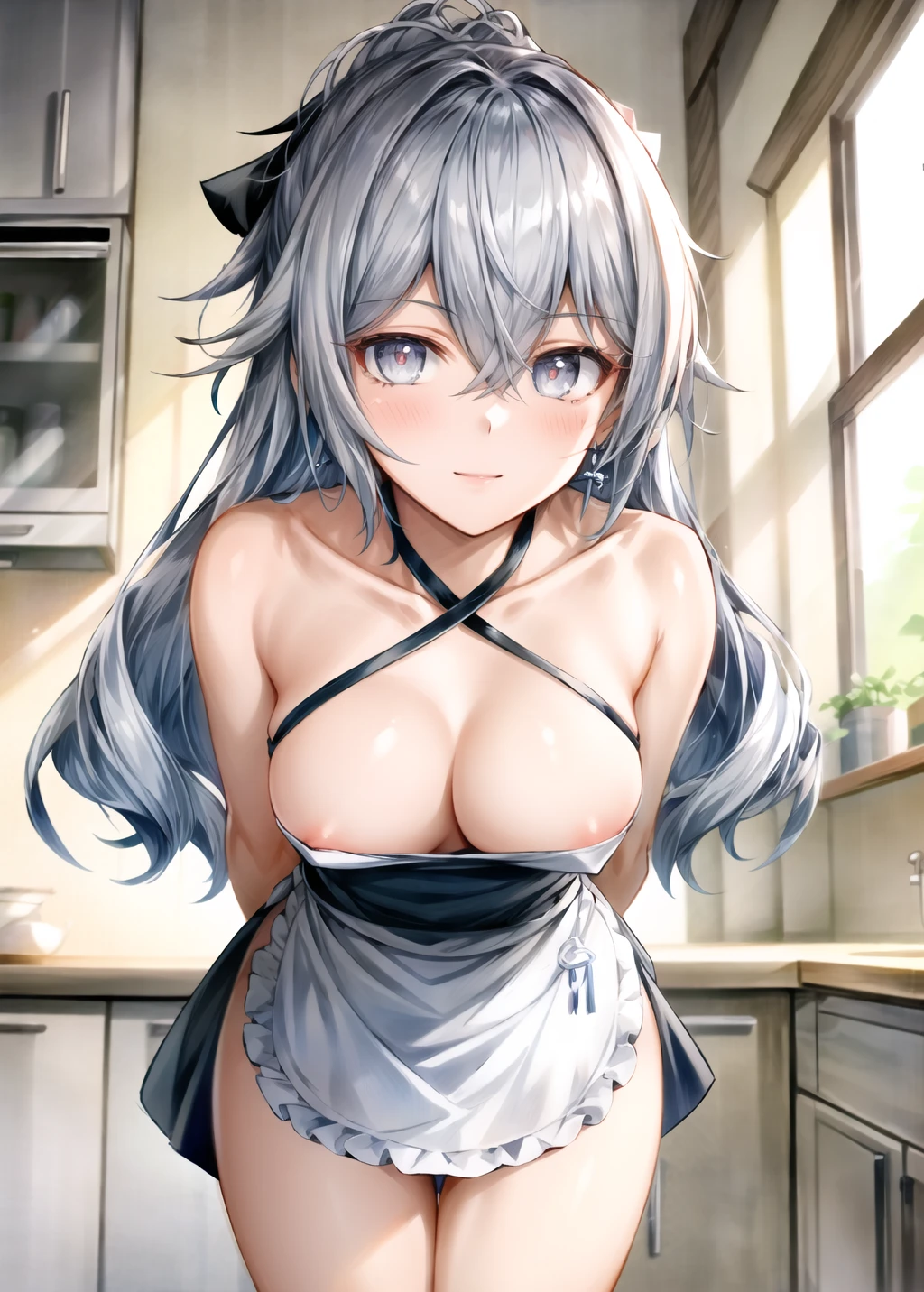 edosynf, honkai (series), honkai impact 3rd, honkai: star rail, bronya zaychik, apron, areola slip, arms behind back, bangs, bare shoulders, black apron, blush, breasts, cleavage, closed mouth, collarbone, cowboy shot, criss-cross halter, crossed bangs, dress, earrings, female, frilled apron, frills, grey eyes, grey hair, hair between eyes, halterneck, indoors, jewelry, kitchen, large breasts, leaning forward, long hair, looking at viewer, nipple slip, nipples, ponytail, solo, standing, thighs, waist apron, white apron, window, ai generated, highres