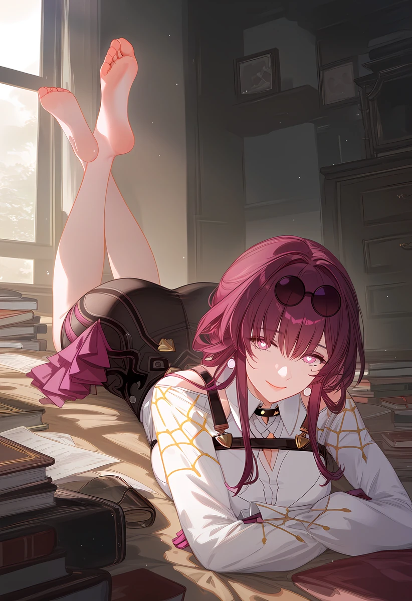 límíng zhī xià, honkai: star rail, hoyoverse, pixiv, kafka (honkai: star rail), bare legs, barefoot, big ass, big breasts, earrings, feet, feet up, gloves, glowing eyes, legs up, long hair, long sleeves, looking at viewer, lying down, lying on stomach, shorts, slim waist, smiling at viewer, soles, wide hips, ai generated