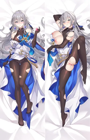 hentai kuwa, honkai (series), honkai: star rail, bronya rand, bare shoulders, blush, breasts, condom, dakimakura (medium), dress, earrings, elbow gloves, female, full body, gloves, grey eyes, grey hair, holding, holding condom, jewelry, large breasts, leg up, long hair, nipples, pantyhose, pussy, thighs, torn clothes, torn pantyhose, white dress