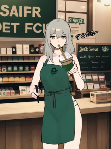 starbucks, stelle (honkai: star rail), apron, apron only, breast expansion, breast squeeze, golden eyes, grey hair, lactation, naked apron, sideboob, ai generated background, iced latte with breast milk