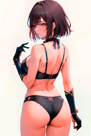 polege, honkai (series), honkai: star rail, xueyi (honkai: star rail), ass, ass focus, ass up, back, bra, brown hair, butt focus, choker, fingerless gloves, from behind, gloves, lingerie, lingerie only, looking at viewer, looking back, minimalist background, multicolored hair, panties, pink eyes, short hair, simple background, standing, underwear, view, white background, ai generated