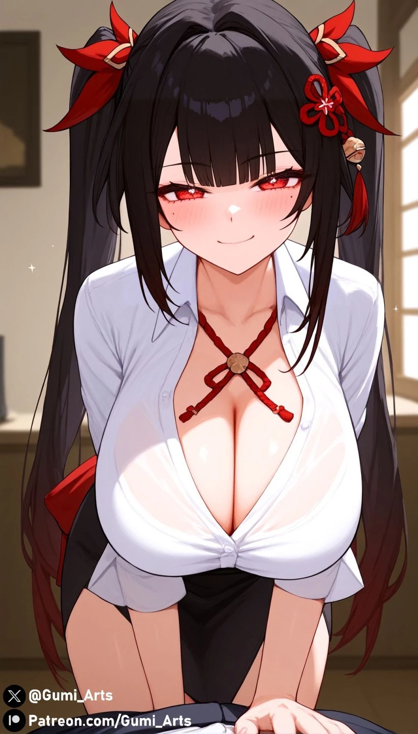 gumi arts, honkai: star rail, sparkle (honkai: star rail), 1boy, 1girls, bent over, black hair, blush, cleavage, hair ornament, huge breasts, long hair, looking at viewer, naughty face, pov, red eyes, shirt, skirt, smirk, thick thighs, twintails, wide hips, ai generated, stable diffusion