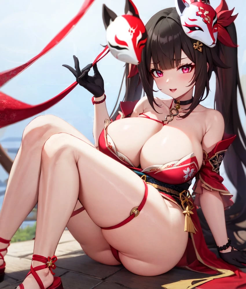 cyndraai, honkai: star rail, sparkle (honkai: star rail), bare legs, female, female focus, female only, foot fetish, fox mask, red eyes, sandals, ai generated