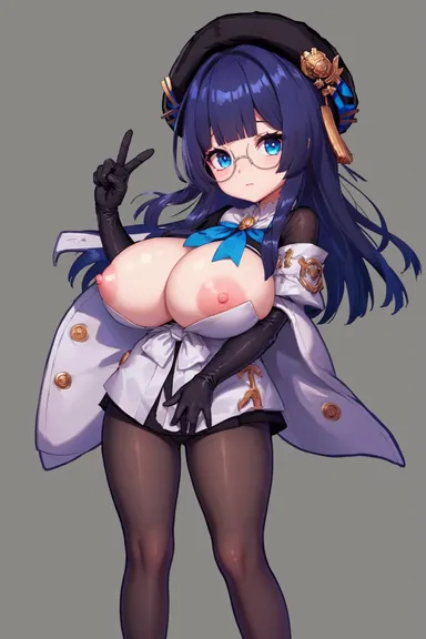 hitingmotia, honkai (series), honkai: star rail, pela (honkai: star rail), 1girls, alternate breast size, big breasts, blue eyes, blue hair, breasts, female, glasses, huge breasts, long hair, looking at viewer, nipples, shortstack, solo, v, ai generated