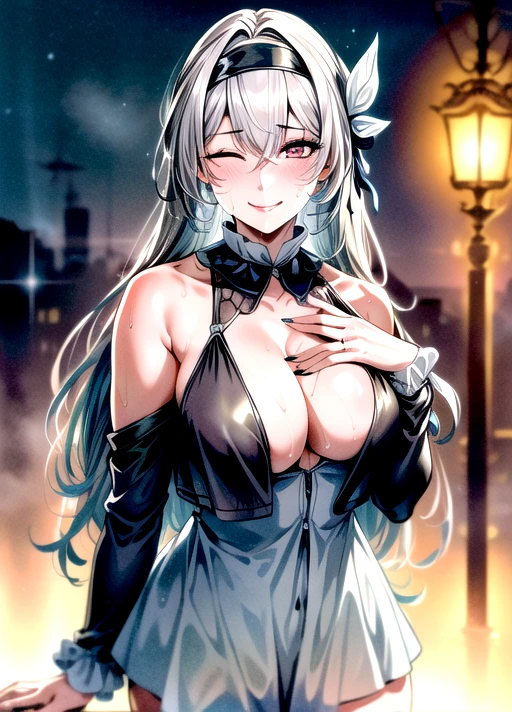 qqitu, honkai: star rail, firefly (honkai: star rail), 1girls, cleavage, dress, grey hair, hair ornament, happy, headband, medium breasts, multicolored eyes, night, one eye closed, smile, streetlight, wholesome, absurd res, ai generated, stable diffusion