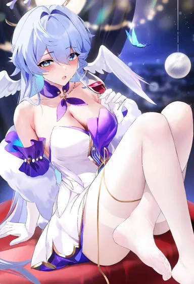 honkai: star rail, robin (honkai: star rail), 1girls, breasts, wine, wings