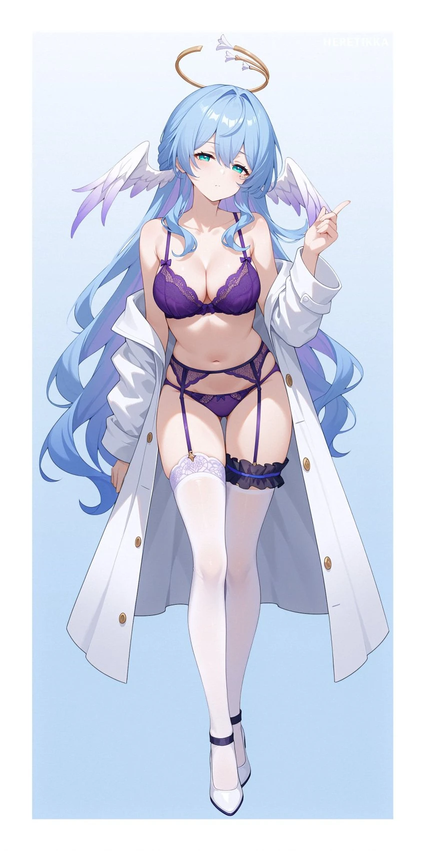 honkai (series), honkai: star rail, mihoyo, robin (honkai: star rail), 1girls, angel wings, blue eyes, bra, breasts, cleavage, coat, female, garter belt, garter straps, green eyes, halo, lingerie, panties, thighhighs, underwear, ai generated, nai diffusion, stable diffusion