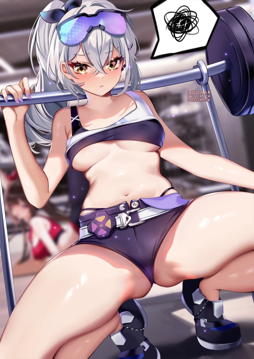 squchan, honkai (series), honkai: star rail, background character, silver wolf (honkai: star rail), sparkle (honkai: star rail), 2girls, areola slip, bare arms, bare legs, bare shoulders, belt, black footwear, black shorts, black tank top, crop top, eyewear on head, grey hair, long hair, looking at viewer, midriff, multiple girls, navel, shoes, short shorts, shorts, spoken squiggle, squiggle, stomach, sunglasses, tank top, thighs, white belt, working out, yellow eyes, blurry background, depth of field, highres