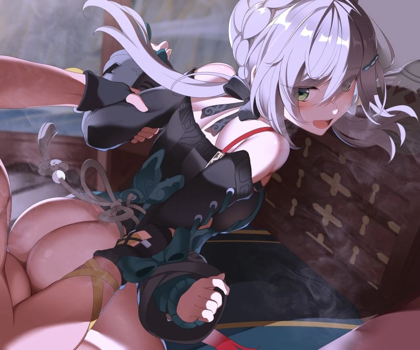 takashia (akimototakashia), honkai (series), honkai: star rail, caelus (honkai: star rail), qingque (honkai: star rail), 1boy, ass, bare shoulders, black sleeves, blush, braid, breasts, clothed female nude male, clothed sex, crown braid, dress, female, green dress, green eyes, grey hair, hair ornament, hairclip, long hair, long sleeves, looking back, low twintails, medium breasts, nude, open mouth, sex, sex from behind, smile, straight, thighs, twintails, variant set, highres