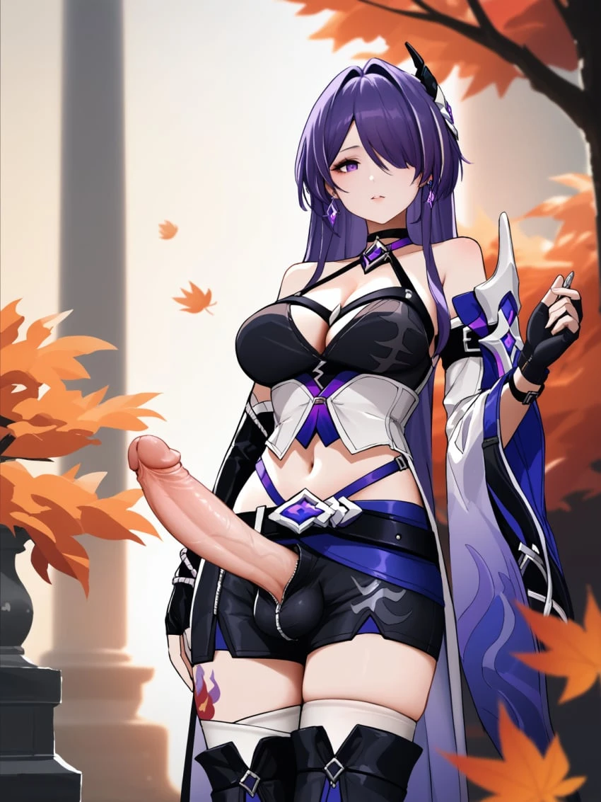 esendor, honkai: star rail, acheron (honkai: star rail), 1futa, asymmetrical clothes, autumn, autumn leaves, belt, big breasts, cleavage, covered testicles, crop top, erection, fingerless gloves, futa only, futanari, hair over one eye, huge cock, knee boots, long hair, outdoors, purple eyes, purple hair, shorts, standing, tattoo, trees, unzipped pants, ai generated, stable diffusion