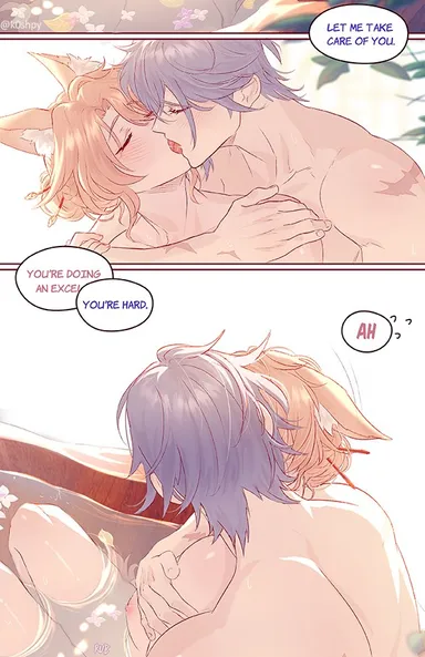 k0shpy, honkai (series), honkai: star rail, jiaoqiu (honkai: star rail), moze (honkai: star rail), 2boys, bathing together, bathroom, bathtub, blush, claw marks, closed eyes, hugging from behind, kissing, male only, male/male, muscles, muscular male, naked, scar, tongue kiss, wholesome, yaoi, color