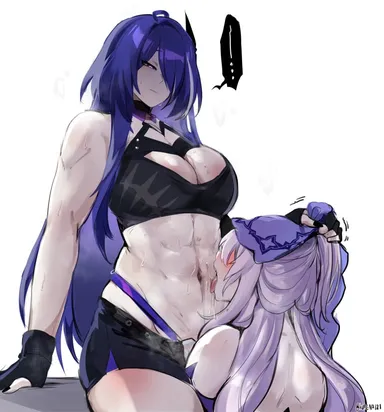 kurenaiz1, honkai (series), honkai: star rail, hoyoverse, mihoyo, acheron (honkai: star rail), black swan (honkai: star rail), character request, 2girls, belly, belly button, belly lick, big breasts, blush, blushing, bottom, busty, clevage, female, female only, fingerless gloves, gloves, hair over one eye, huge breasts, large breasts, licking, licking belly, licking tummy, one eye obstructed, pale skin, pale-skinned female, purple eyes, purple hair, revealing clothes, smile, smiling, tummy, yuri, tagme (character)