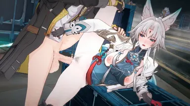 hnamomo, honkai (series), honkai: star rail, hoyoverse, caelus (honkai: star rail), feixiao (honkai: star rail), 1boy, 1girl, blush, breasts, breasts out, clothing, cum in pussy, cum inside, fox ears, hyper penis, large breasts, moaning, penis, ponytail, pubic hair, sex, vaginal sex, white hair, 3d, animated, sound, tagme, video