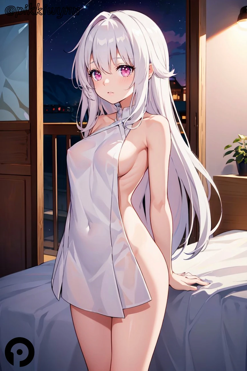 pikkiwynn, honkai (series), honkai: star rail, clara (honkai: star rail), bangs, bare arms, bare shoulders, blush, breasts, closed mouth, covered navel, cowboy shot, female, hair intakes, indoors, long hair, looking at viewer, medium breasts, night, night sky, pink eyes, see-through, shooting star, sideboob, sidelocks, sky, solo, standing, star (sky), thighs, white hair, window, ai generated