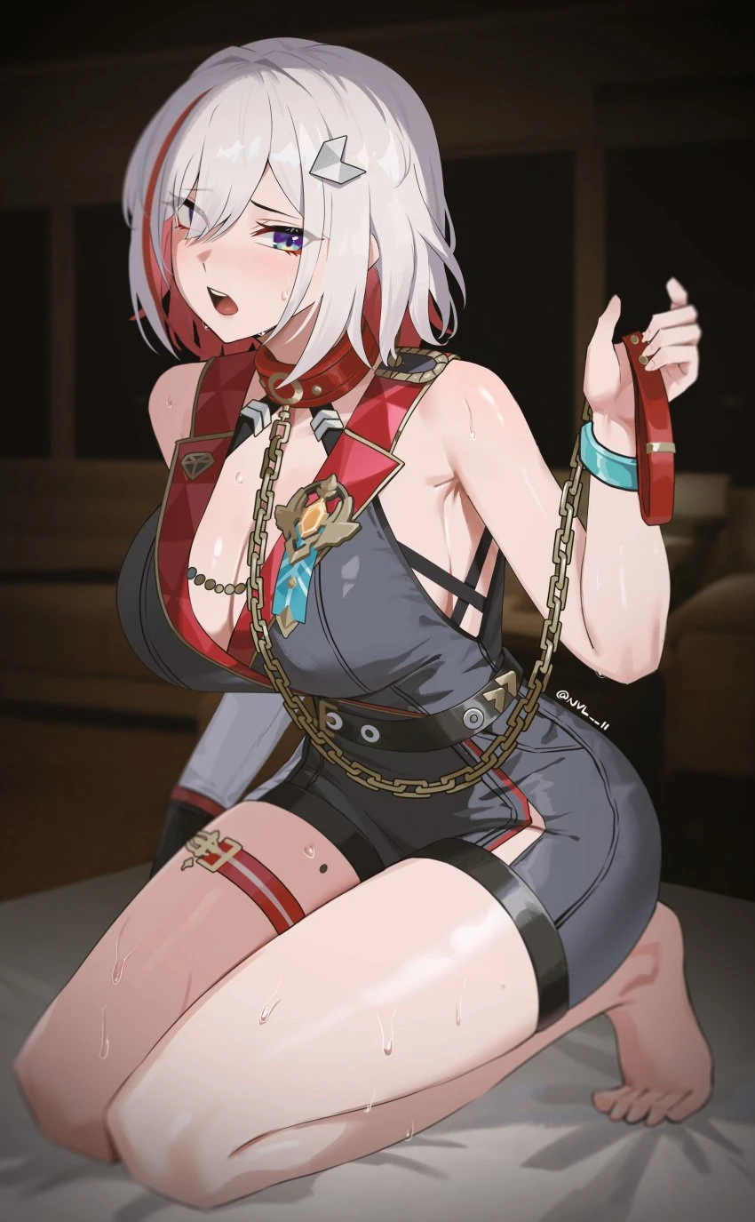 honkai (series), honkai: star rail, topaz (honkai: star rail), bed, blue eyes, bondage, chains, collar, embarrassed, leash, leash and collar, sweat, thighs, white hair