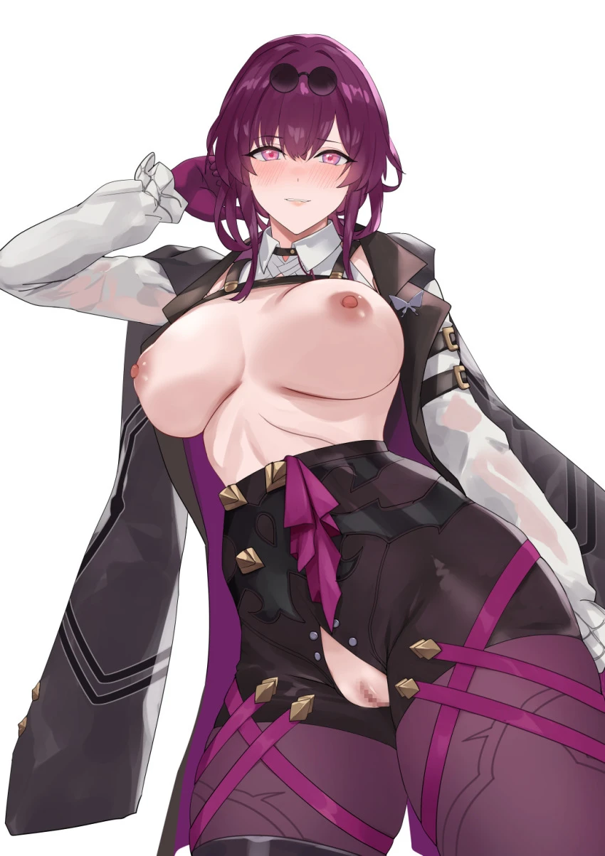 blazingchaos, honkai (series), honkai: star rail, kafka (honkai: star rail), 1girls, arm belt, black jacket, black shorts, blush, boots, breasts, contrapposto, eyewear on head, female, gloves, high-waist shorts, jacket, jacket on shoulders, large breasts, long hair, long sleeves, looking at viewer, nipples, nose blush, open clothes, open shirt, open shorts, pantyhose, pantyhose under shorts, purple eyes, purple gloves, purple hair, purple pantyhose, pussy, round eyewear, shirt, shorts, simple background, single thigh boot, smile, solo, sunglasses, thigh boots, white background, white shirt, wing collar, censored, highres, mosaic censoring