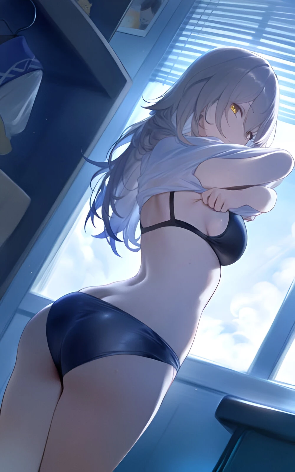 setsuaiart, honkai: star rail, stelle (honkai: star rail), ass, back, bare back, bare belly, bare legs, bare thighs, black bra, black panties, bra, breasts, closed mouth, grey hair, indoors, long hair, medium breasts, panties, removing shirt, shirt, sideboob, sweatdrop, thighs, underwear, undressing, yellow eyes, ai generated