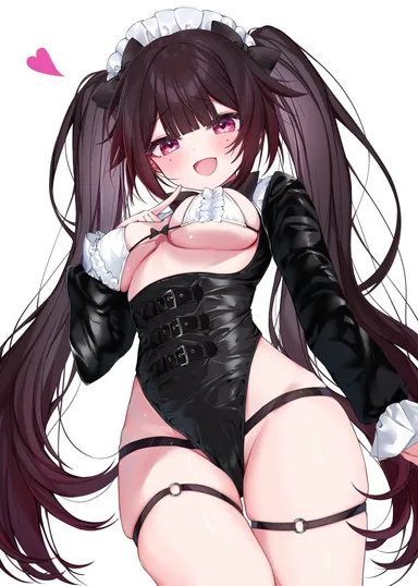 honkai (series), honkai: star rail, sparkle (honkai: star rail), :d, big breasts, bikini, bikini top only, black bow, black leotard, blush, bow, breasts, breasts out, brown hair, female, finger to mouth, hairbow, heart, highleg, highleg leotard, ineka ka, leotard, long hair, long sleeves, looking at viewer, maid headdress, medium breasts, o-ring, o-ring thigh strap, open mouth, pink eyes, smile, solo, swimsuit, thigh strap, thighs, twintails, white bikini, absurdres, highres, simple background, white background