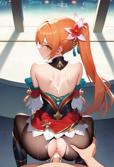 honkai: star rail, guinaifen (honkai: star rail), ass, ass grab, back, back view, butt grab, clothed, clothed sex, cum, cum inside, cum on body, detached sleeves, dick, looking back, looking pleasured, orange eyes, orange hair, pantyhose, penis, ripped pantyhose, sex, sex from behind, ai generated