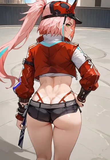 honkai: star rail, rappa (honkai: star rail), 1girls, ass crack, black shorts, butt crack, crop top, cropped jacket, green eyes, hands on hips, looking at viewer, micro shorts, pink hair, red hat, short shorts, shorts, smile, sweat, tanline, underbutt, ai generated