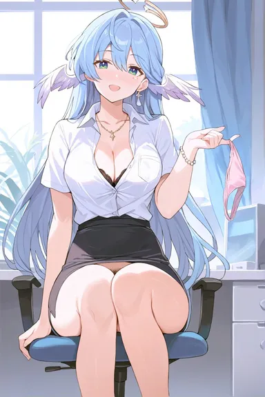 honkai: star rail, robin (honkai: star rail), 1girls, angel, angel wings, blonde hair, bra, breasts, cleavage, female, green eyes, naughty face, no panties, office lady, panties, pink panties, pubic hair, removing panties, seductive, seductive look, seductive smile, skirt, teasing, unbuttoned, underwear