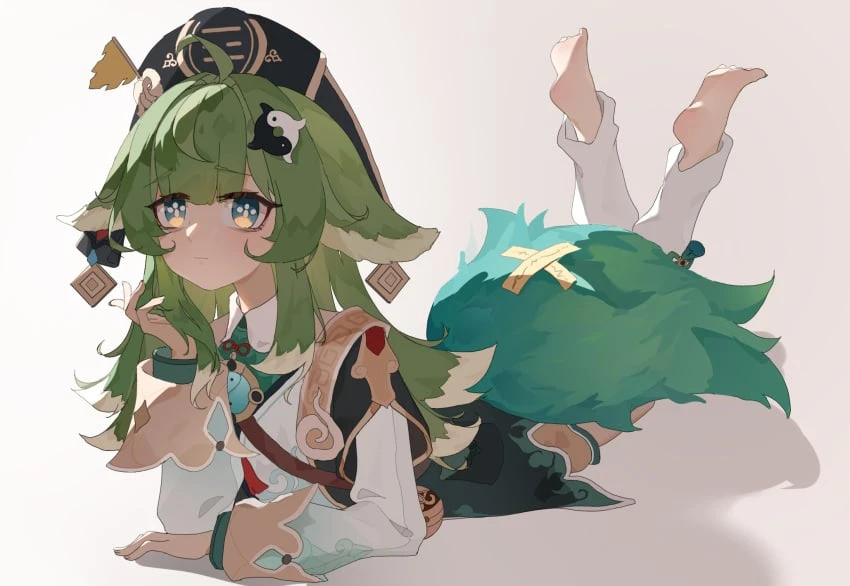 artist request, honkai: star rail, huohuo (honkai: star rail), 1girls, bare soles, barefoot, feet, female, female only, fox girl, fox humanoid, green hair, green tail, hat, humanoid, little girl, solo, solo female, tail