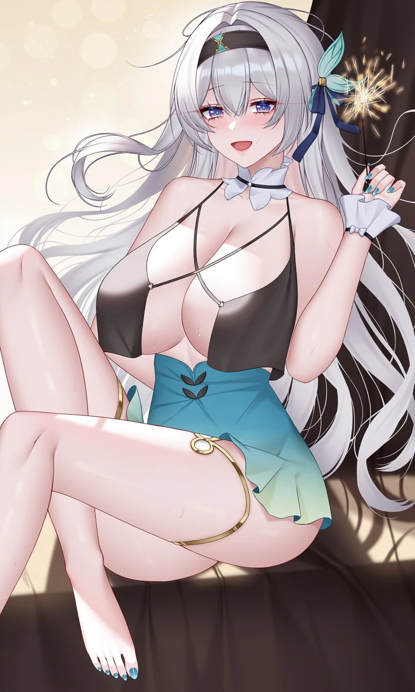 honkai: star rail, firefly (honkai: star rail), big breasts, hair ornament, long hair, multicolored eyes, no bra, silver hair