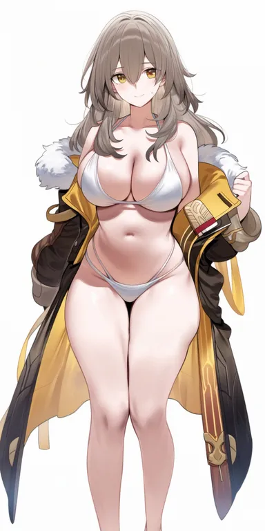 setsumanga, honkai (series), honkai: star rail, stelle (honkai: star rail), 1girls, amber eyes, bikini, breasts, brown hair, female, large breasts, light skin, light-skinned female, long hair, naughty face, simple background, smile, thick thighs, wide hips, ai generated