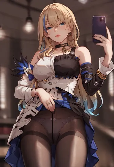 jenneth blackray, honkai: star rail, serval landau, bangs, bare shoulders, black choker, black legwear, black nails, black pantyhose, blonde hair, blue eyes, blue hair, blue skirt, blurry, blush, bow, breasts, cellphone, choker, clothes lift, clothes pull, clothing, crotch seam, detached sleeves, dress, dress lift, dress pull, earrings, female, frills, hair between eyes, holding, holding object, holding phone, indoors, jewelry, large breasts, legwear, lifted by self, lips, long hair, long sleeves, looking at viewer, medium breasts, multicolored hair, nail polish, panties under pantyhose, pantsu, pantyhose, parted lips, phone, presenting, presenting hindquarters, presenting panties, ring, self shot, selfie, serval (honkai: star rail), shirt, skirt, skirt lift, skirt pull, smartphone, smile, solo, streaked hair, thigh gap, thighband pantyhose, thighs, underwear, white panties, white shirt, white underwear, ai generated, ai-created, blurry background, high resolution, oekaki, sketch, stable diffusion, very high resolution