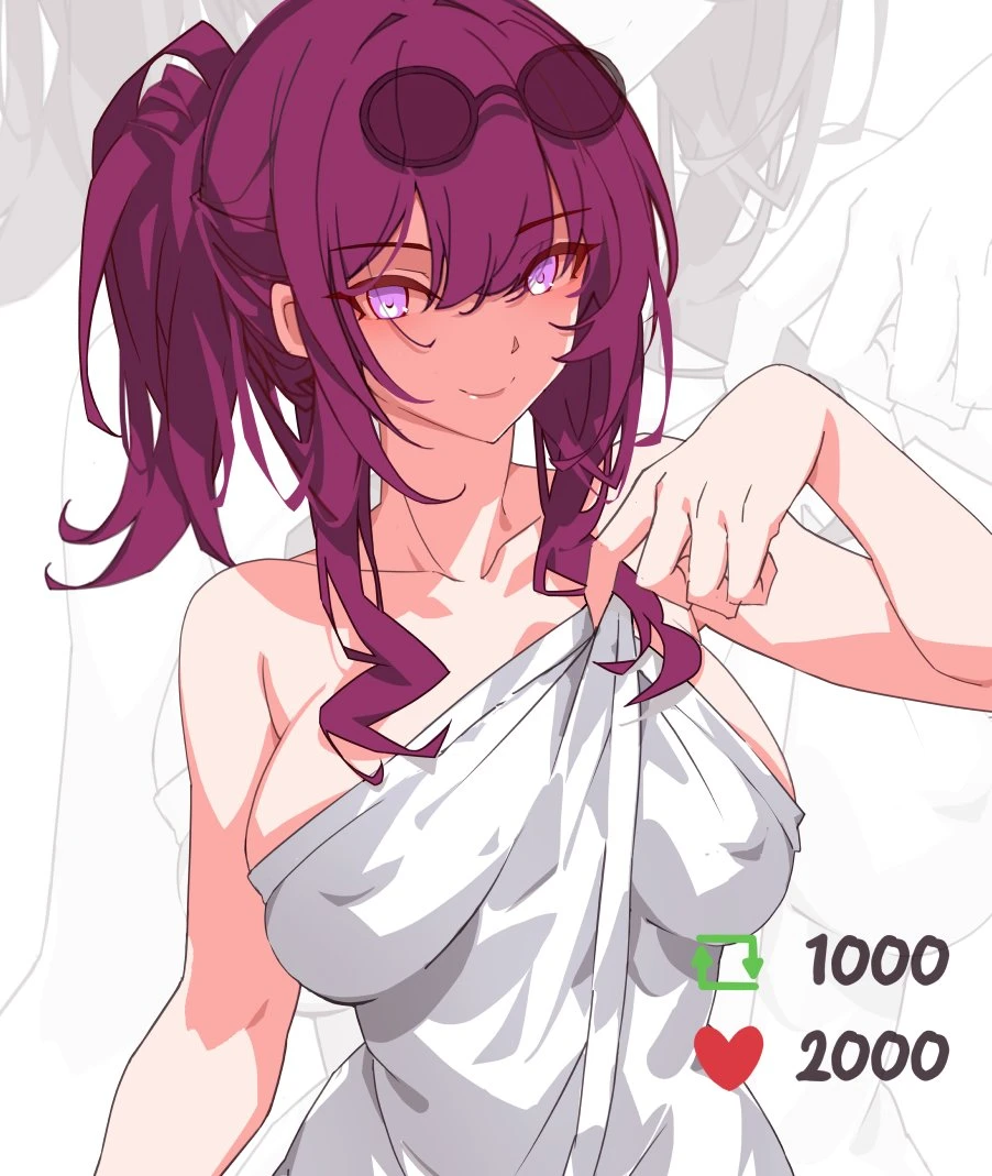 kiliosxt, honkai: star rail, kafka (honkai: star rail), 1girls, big breasts, female only, holding towel, purple eyes, red hair, solo, sunglasses, sunglasses on head, towel, strip game