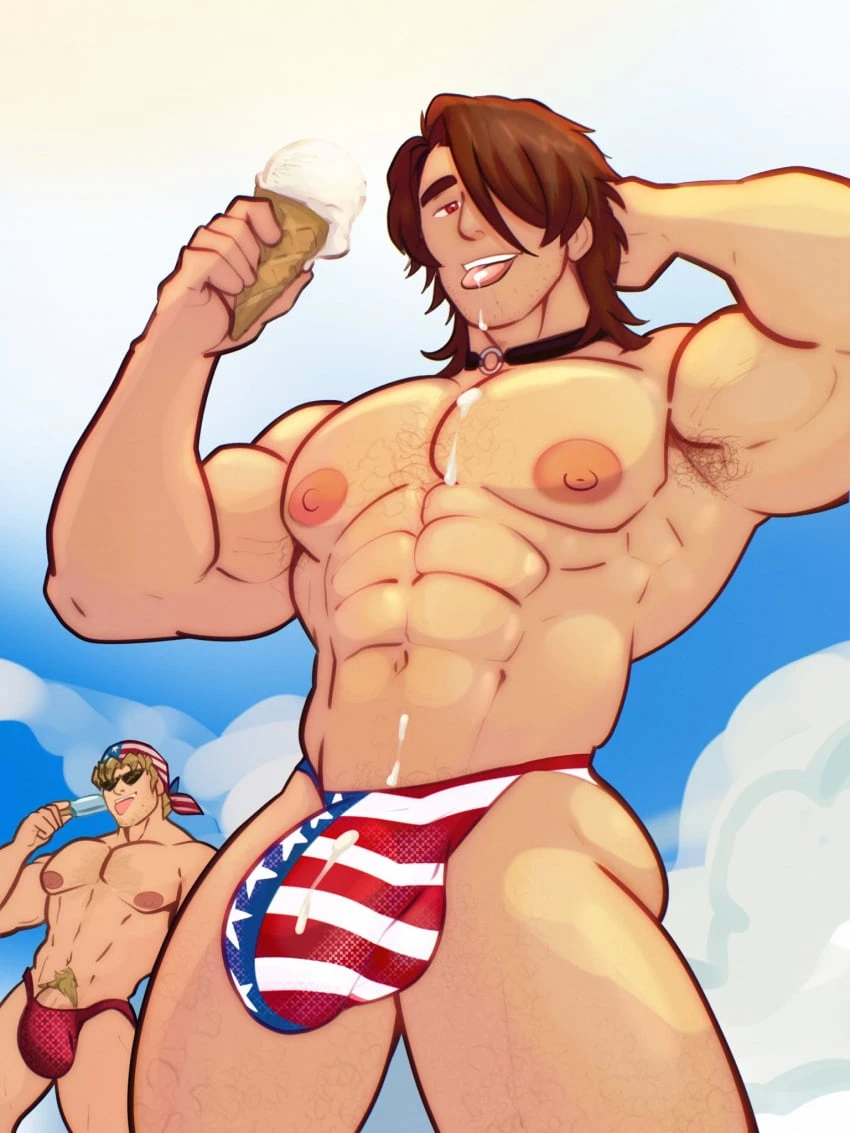 cummytomato, honkai: star rail, yu-gi-oh!, bandit keith, bara, gallagher (honkai: star rail), abs, american flag, armpit hair, balls under clothes, biceps, big bulge, big penis, bulge, bulge through clothing, gay, male, male nipples, male only, male pubic hair, male/male, muscular male, nipples, pecs, penis, penis outline, penis under clothes, underwear, crossover