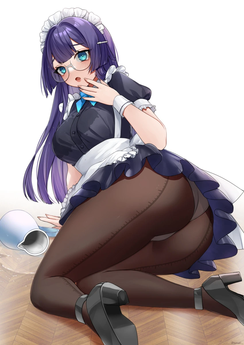 nemuaki, honkai (series), honkai: star rail, mihoyo, pela (honkai: star rail), 1girls, ass, ass focus, big ass, blue eyes, blue hair, female, glasses, gloves, large ass, looking back, maid, maid uniform, solo, thick thighs