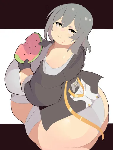 napolitane, honkai (series), honkai: star rail, stelle (honkai: star rail), 1girls, ass, bbw, belly, breasts, chubby, chubby female, curvaceous, curvy, eating, female, female focus, grey hair, hips, huge ass, huge belly, huge breasts, looking back, medium hair, plump, solo, solo female, solo focus, tummy, voluptuous, wide hips, 2023, absurd res