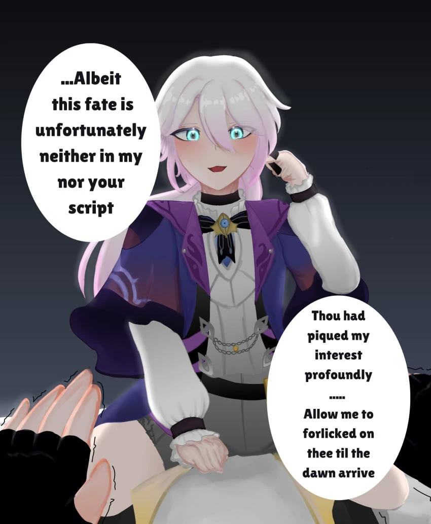 honkai: star rail, caelus (honkai: star rail), elio (honkai: star rail), 2boys, aqua eyes, blue eyes, clothed, clothing, domination, femboy, gay, glowing eyes, glowing penis, hairless, male, male only, night, pink hair, scared, tied hair, twink, white hair, white skin, yaoi