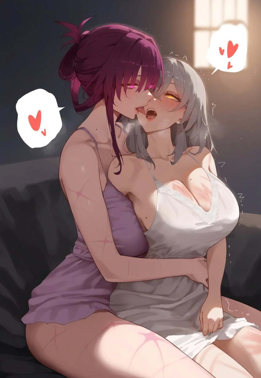 honkai (series), honkai: star rail, firefly (honkai: star rail), kafka (honkai: star rail), 2girls, breasts, dress, female, female only, kissing, large breasts, milf, mommy, mommy kink, one arm, sitting, sitting on lap, sitting on person, yuri, ai generated