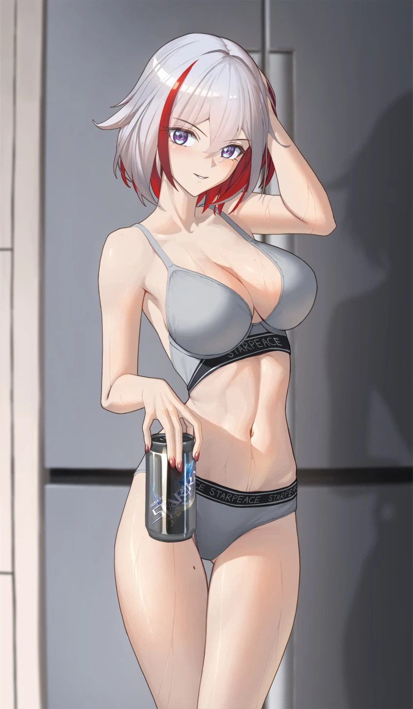 bowlp, honkai (series), honkai: star rail, topaz (honkai: star rail), 1girls, adult, adult female, bare armpits, bare arms, bare belly, bare chest, bare hands, bare hips, bare legs, bare midriff, bare navel, bare shoulders, bare skin, bare thighs, beer, beer can, belly, belly button, bra, breasts, busty, busty female, cleavage, collarbone, covered areola, covered areolae, covered crotch, covered nipples, covered pussy, covered vagina, dot nose, elbows, exposed, exposed armpits, exposed arms, exposed belly, exposed legs, exposed midriff, exposed shoulders, exposed thighs, female, female focus, female only, fingernails, fingers, grey bra, grey panties, grey underwear, grin, groin, hair between eyes, half naked, half nude, hand on hair, hand on head, hand on own hair, hand on own head, head tilt, hourglass figure, indoor, indoor nudity, indoors, large breasts, lean body, lean figure, legs, light skin, light skin female, light skinned, light skinned female, light-skined female, light-skinned, light-skinned female, looking at viewer, mature, mature female, medium hair, mole, mole on thigh, multicolored hair, nail polish, nails, naked, naked female, naked woman, navel, nude, nude female, nudity, panties, parted lips, purple eyes, purple eyes female, red fingernails, red hair, red hair female, red nail polish, red nails, short hair, shoulders, slender body, slender waist, slim girl, slim waist, smile, smiley face, smiling, smiling at viewer, smirk, solo, sports bra, sports panties, standing, sweat, sweatdrop, sweating, sweaty, sweaty arms, sweaty belly, sweaty body, sweaty breasts, sweaty legs, sweaty thighs, thick thighs, thigh gap, thighs, thin waist, tilted head, underboob, underwear, upper body, v-line, white eyebrows, white hair, white hair female, white skin, white-skinned female, wide hips, grey background, high resolution, highres, simple background