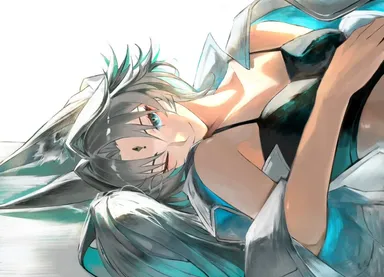 honkai: star rail, hoyoverse, feixiao (honkai: star rail), animal ears, black bra, blue eyes, bra, forehead jewel, fox ears, fox girl, grey fur, grey hair, long hair, one eye closed, underwear, winking at viewer