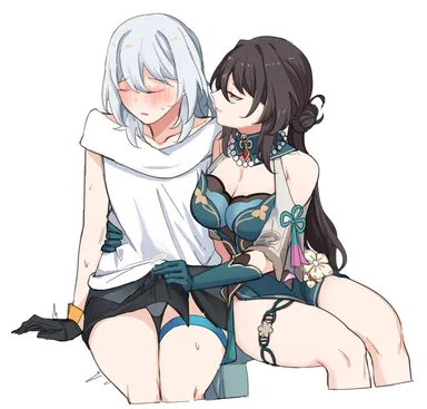 hinagi (fox priest), honkai (series), honkai: star rail, ruan mei (honkai: star rail), stelle (honkai: star rail), 2girls, bare shoulders, black gloves, black hair, black skirt, breasts, bulge, chinese clothes, cleavage, closed eyes, closed mouth, cropped legs, dress, erection, erection under clothes, futa with female, futanari, gloves, green dress, green gloves, grey hair, hair between eyes, invisible chair, large breasts, long hair, looking at viewer, multiple girls, shirt, simple background, sitting, skirt, thigh strap, trailblazer (honkai: star rail), white background, white shirt, absurdres, highres